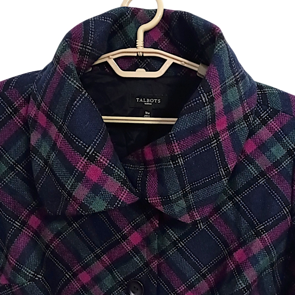 Talbots Plaid Wool Blend Jacket 18W Pea Coat Pocket Swing Lined Oversized Collar - Picture 8 of 16